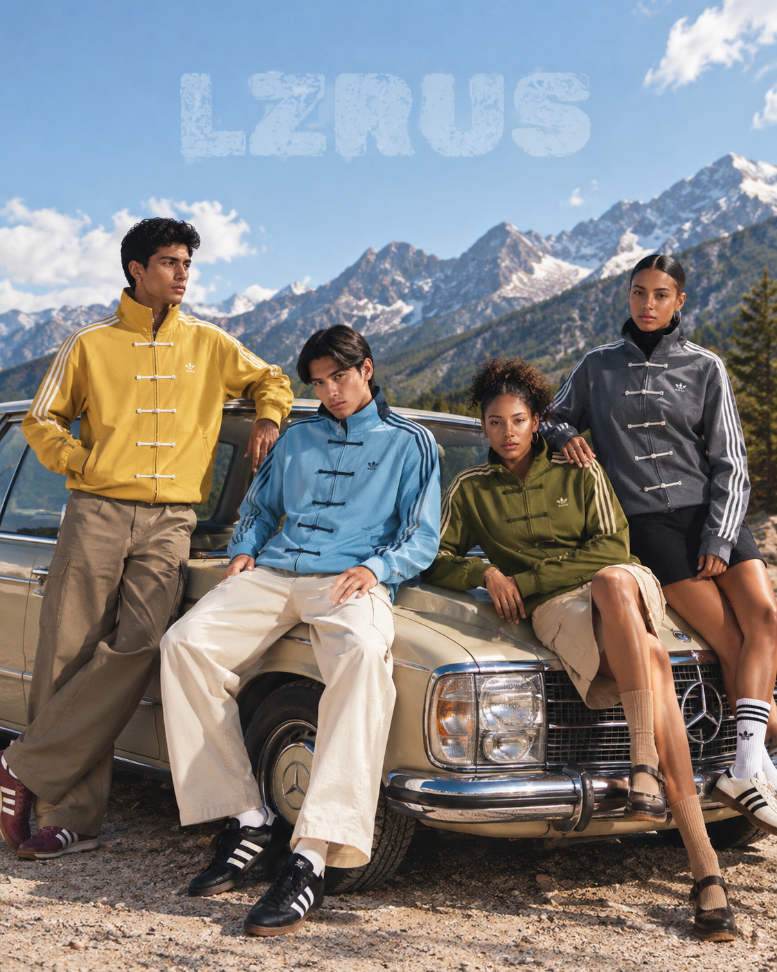 Adidas-inspired CNY jacket by LZRUS in mustard yellow, sky blue, olive green and grey, worn by four models