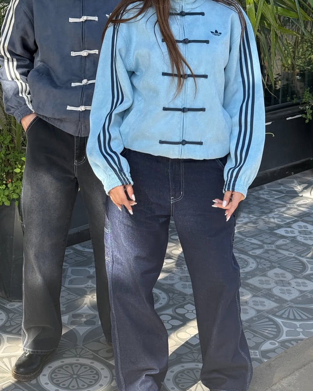 Adidas CNY Jacket in Sky Blue & Grey – full front shot with traditional Pankou knot buttons