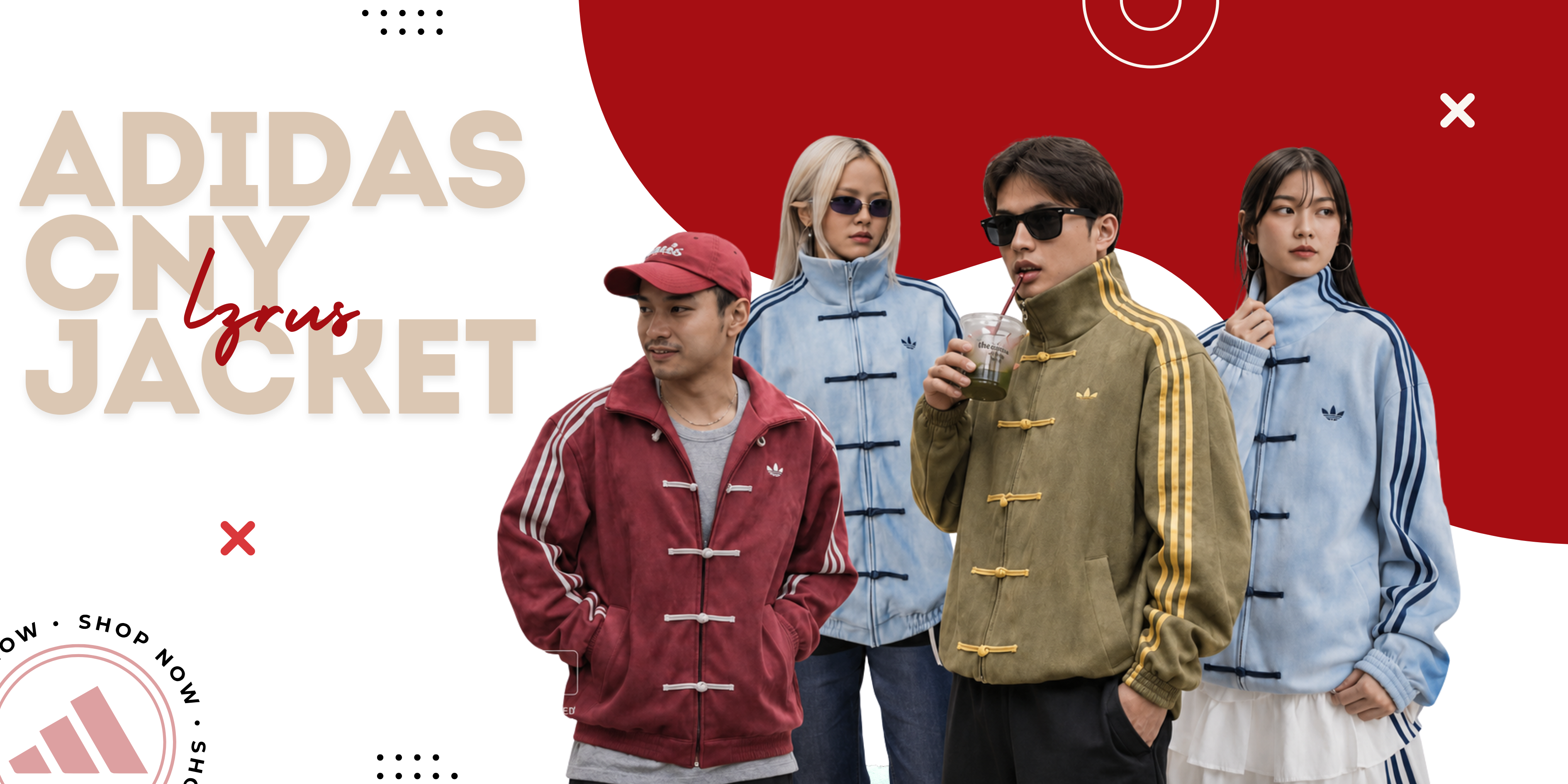 Adidas CNY Jacket Collection - Four models wearing Chinese New Year edition Adidas jackets in red, olive green, and light blue with traditional frog button detailing and iconic three stripes