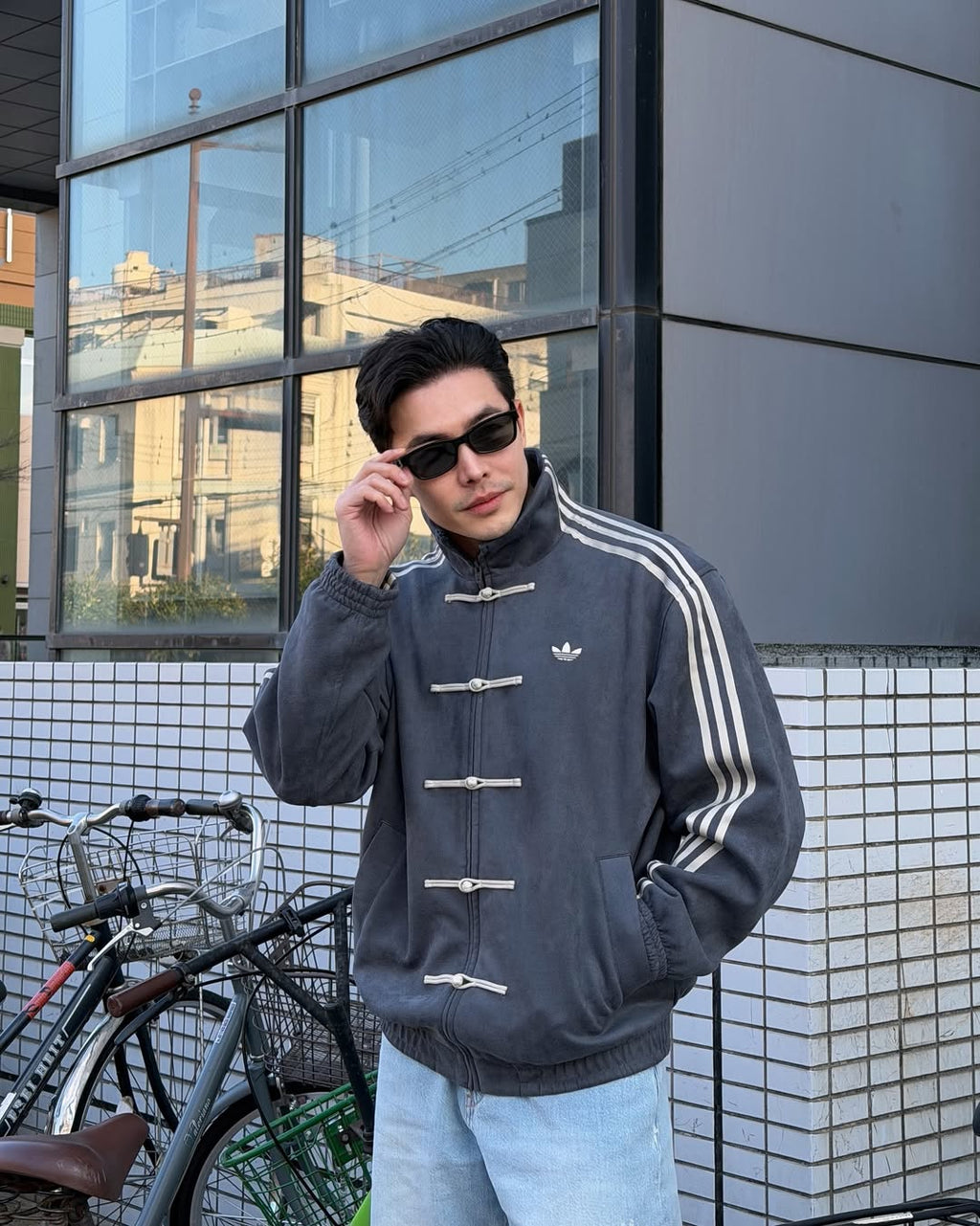 Adidas CNY Jacket Grey men streetwear fit – heavyweight vegan suede oversized silhouette