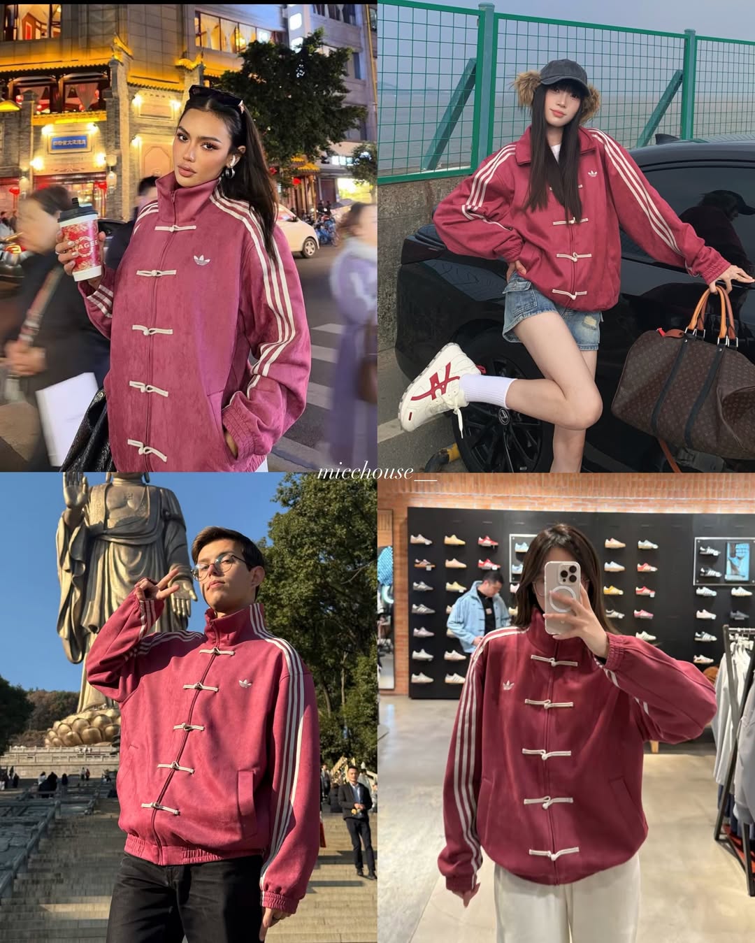 Adidas CNY Jacket Maroon women streetwear styling – Chinese New Year knot jacket with mandarin collar
