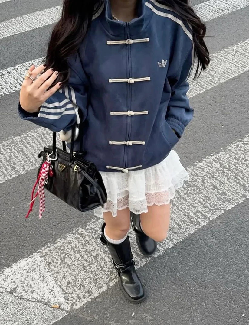 Adidas CNY Jacket Navy Blue oversized – Chinese knot jacket with mandarin collar