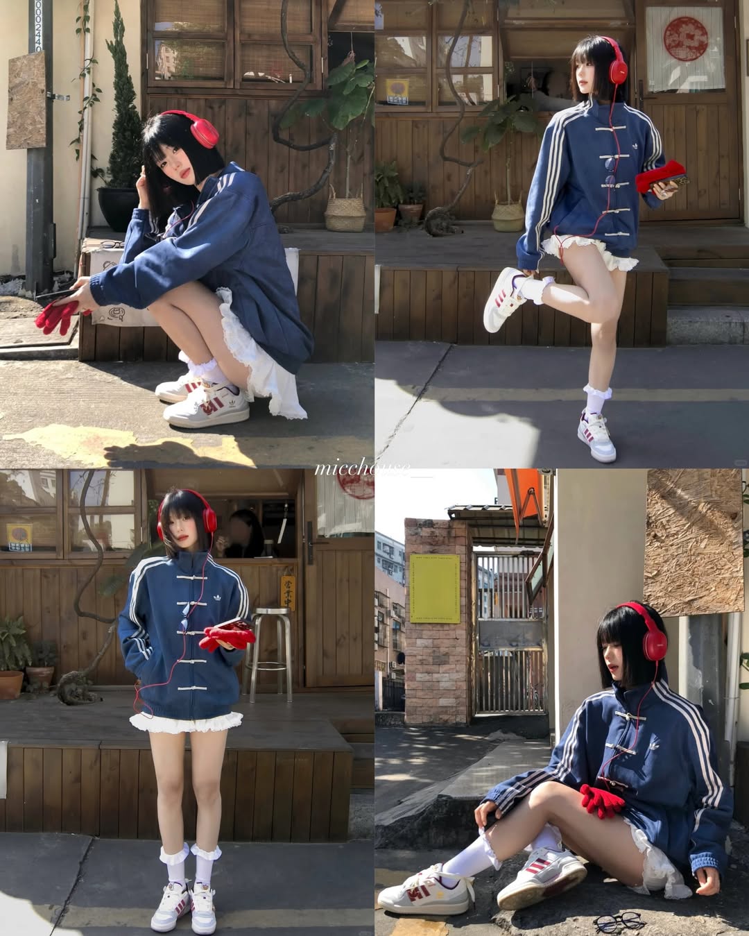 Adidas CNY Jacket Navy Blue oversized streetwear lookbook – styled with white sneakers and red accessories | LZRUS
