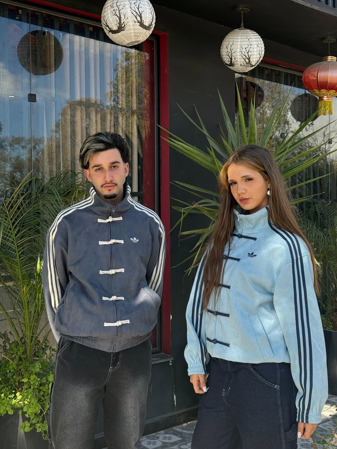 Adidas CNY Jacket in Grey & Sky Blue – front view showing oversized fit and three stripes detailing | LZRUS
