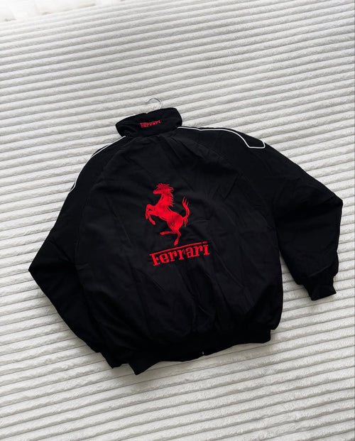 Embroidered black Ferrari jacket back view – red Ferrari logo thread embroidery detail India | LZRUS