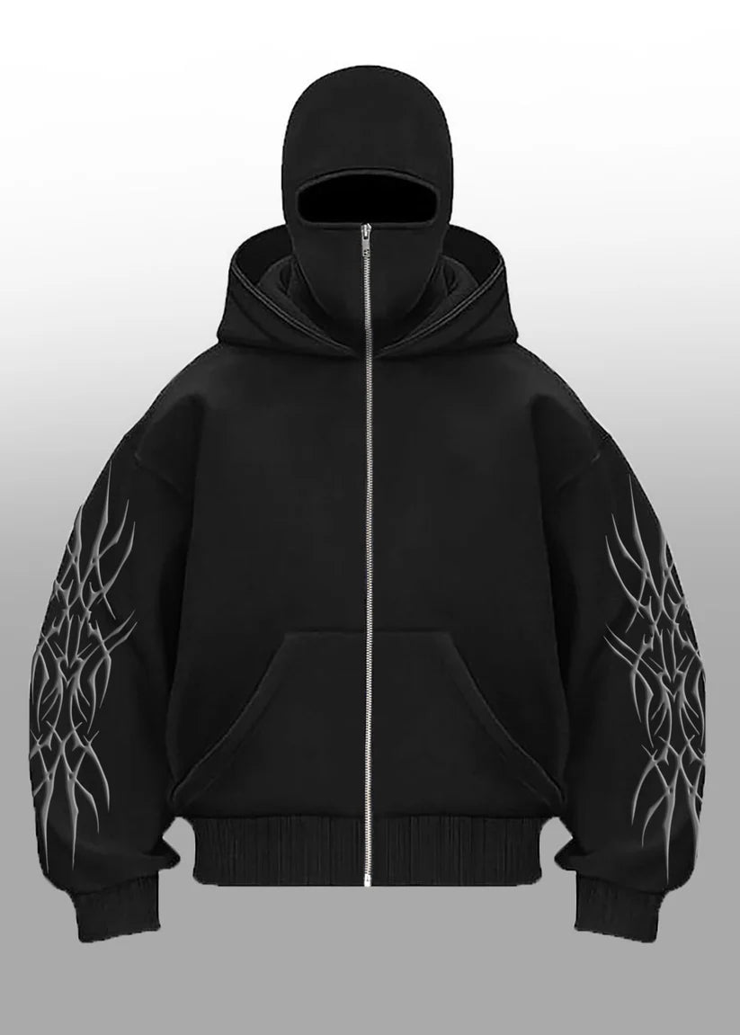 Front view of Balaclava Solo Leveling Hoodie – Jin Woo Edition black zip-up design