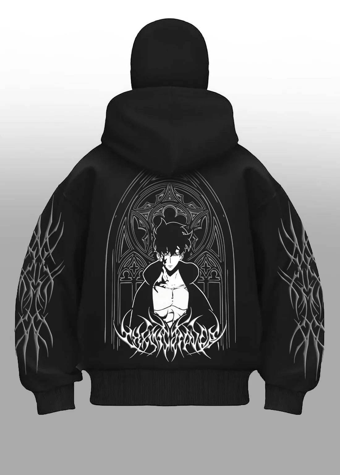 Back view of Solo Leveling Hoodie with Jin Woo anime artwork