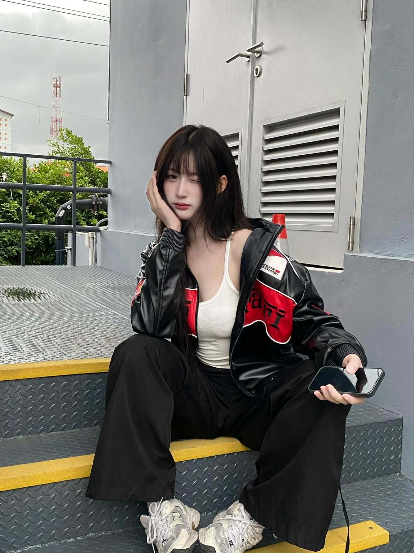 Ferrari F1 black leather jacket sleeves and logo detailing