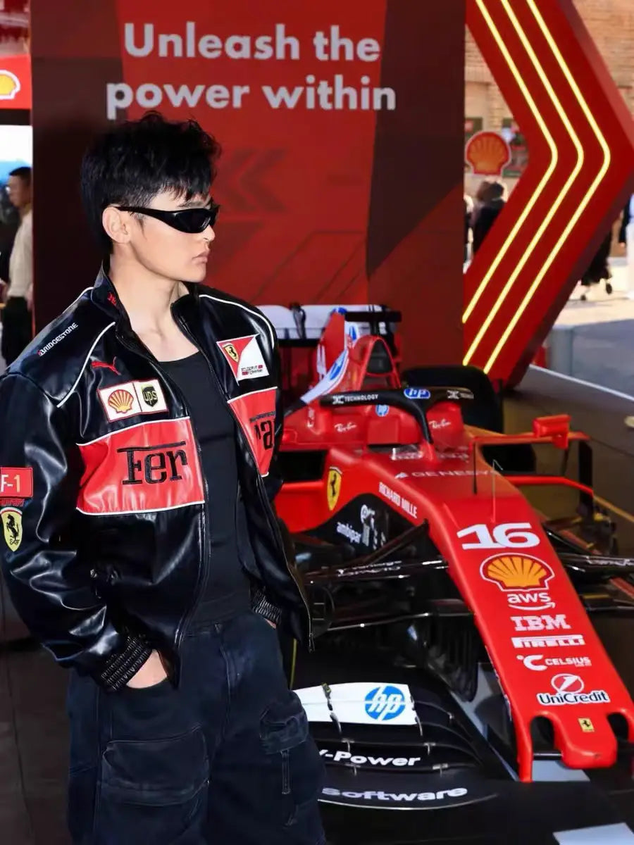 Premium motorcycle Ferrari jacket black with F1 red stripe detailing