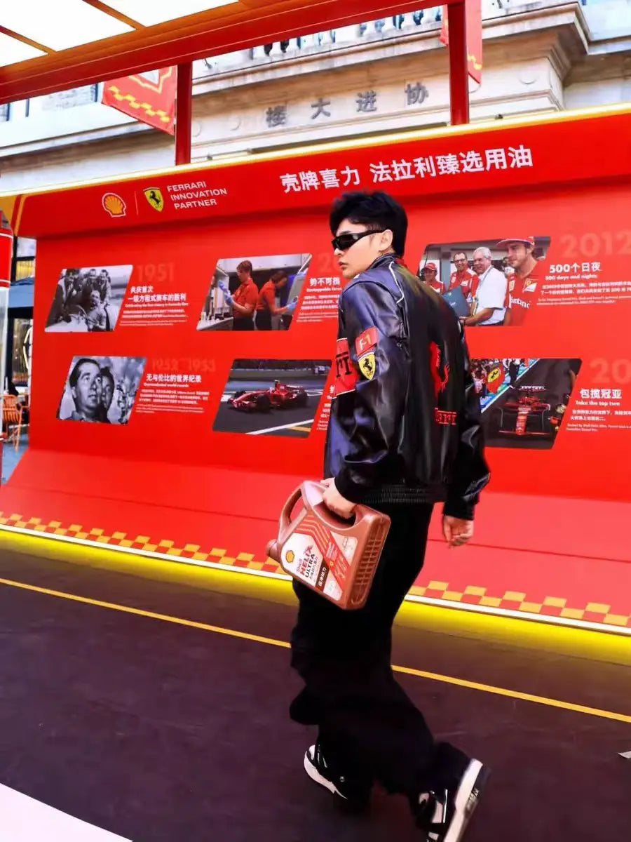 Luxury black Ferrari leather jacket men’s racing edition