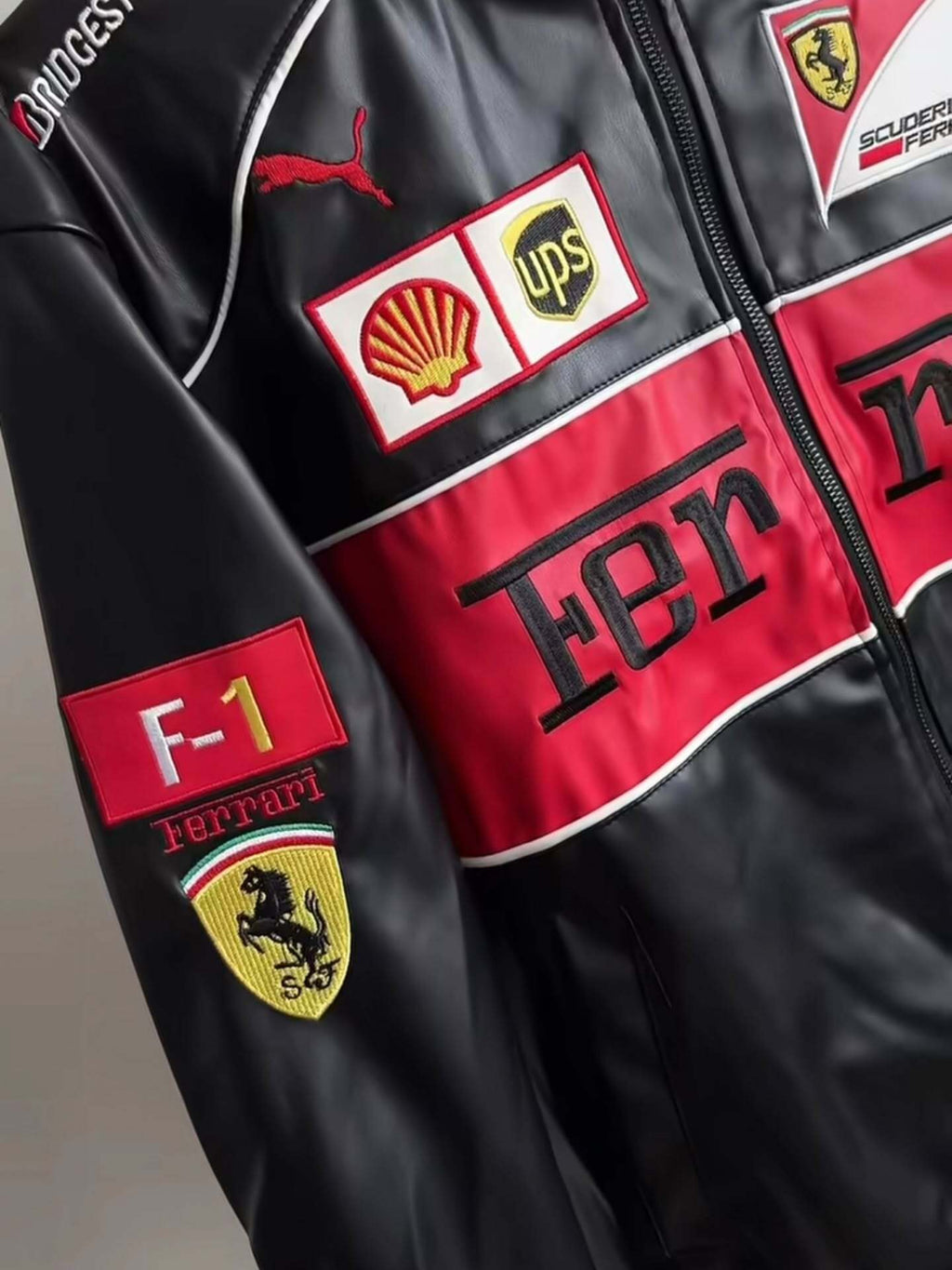LZRUS Ferrari leather jacket black close-up – F1 Ferrari patch