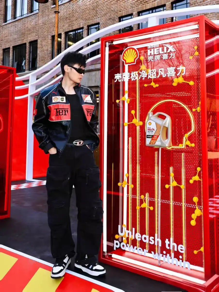 Moto style Ferrari black jacket with Shell and UPS sponsor patches