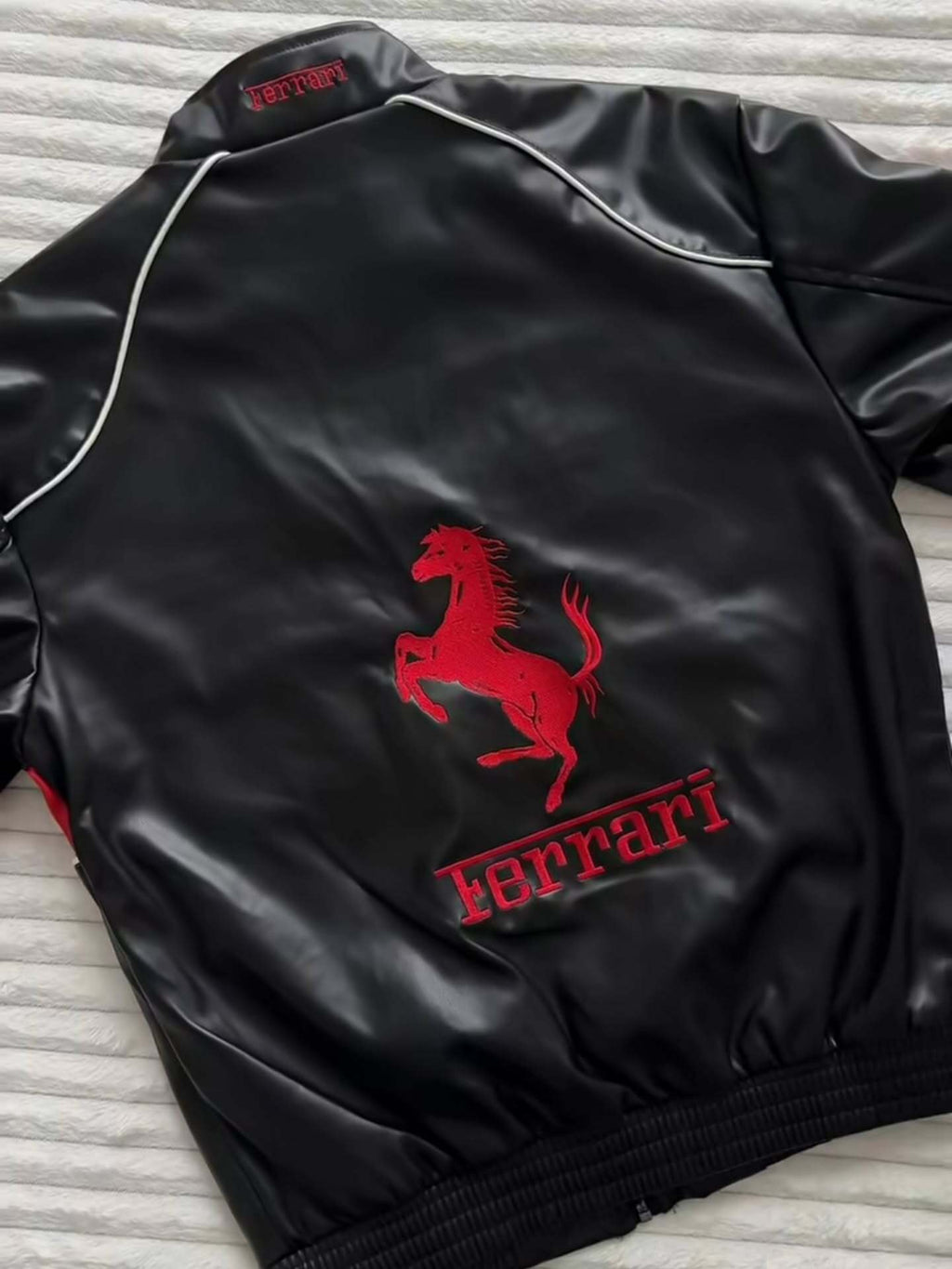 Ferrari black leather jacket with prancing horse logo patch