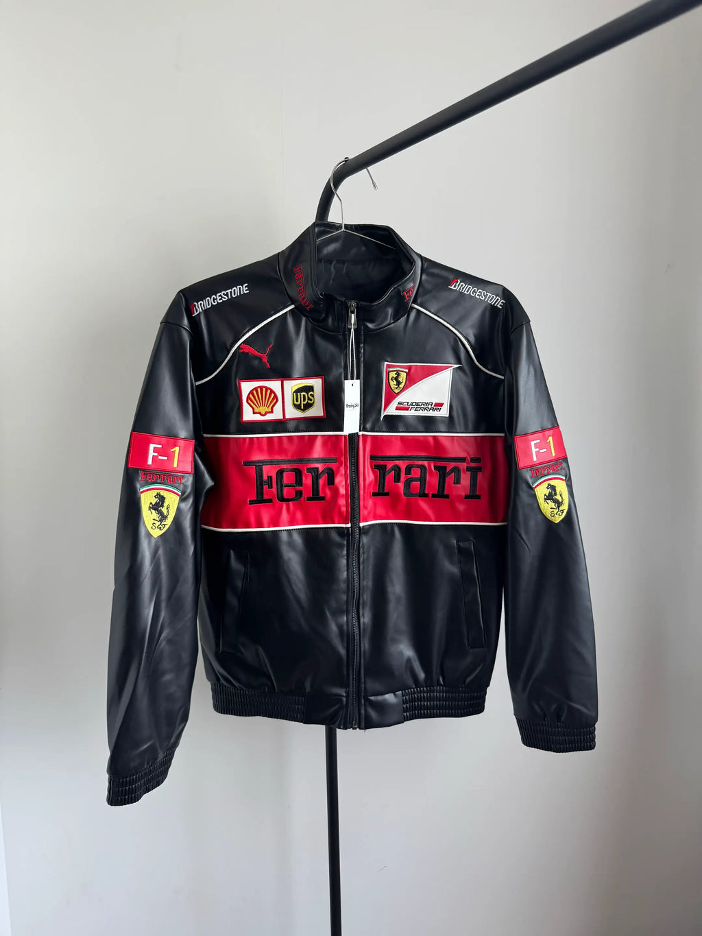 Ferrari leather jacket black front view – LZRUS streetwear