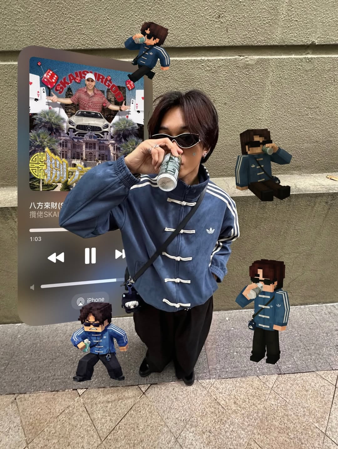 Blue CNY Jacket worn by male model in modern streetwear style