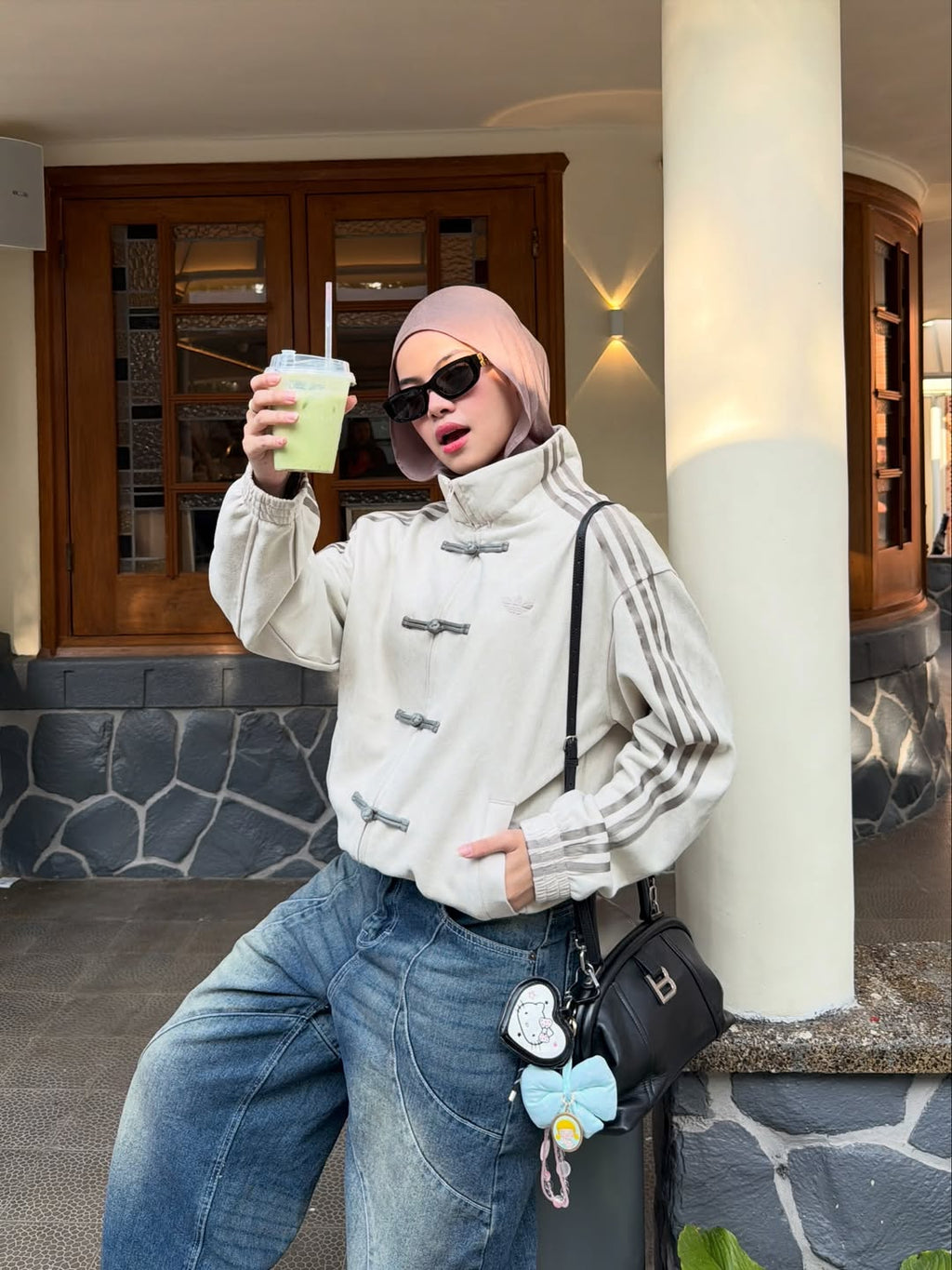 Unisex Cream CNY Jacket Women Styled – Ivory Off-White Chinese New Year Jacket with Wide-Leg Jeans | LZRUS