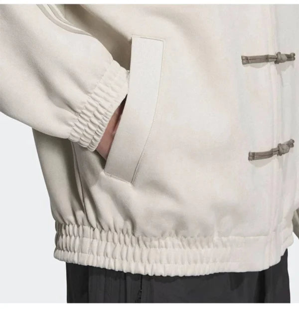 Cream CNY Tang Jacket – Pankou Knot Button & Pocket Detail | LZRUS India Vegan Suede Finish
