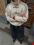 Cream CNY Jacket Men Streetwear Outfit – Knot Button Tang Jacket with Black Baggy Jeans | LZRUS India
