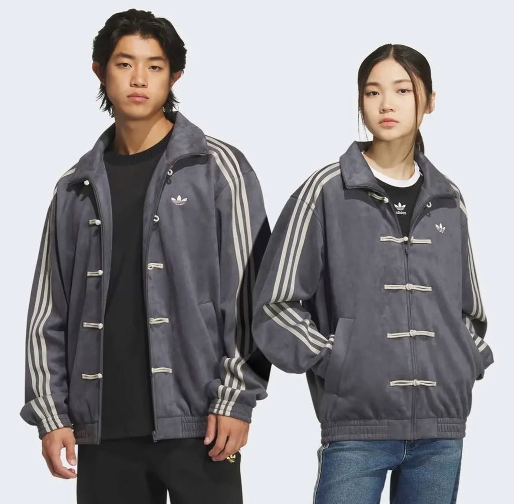Dark Grey Vegan Suede CNY Jacket – Pankou Knot Button Close-Up | Grey CNY Jacket Men Women India LZRUS