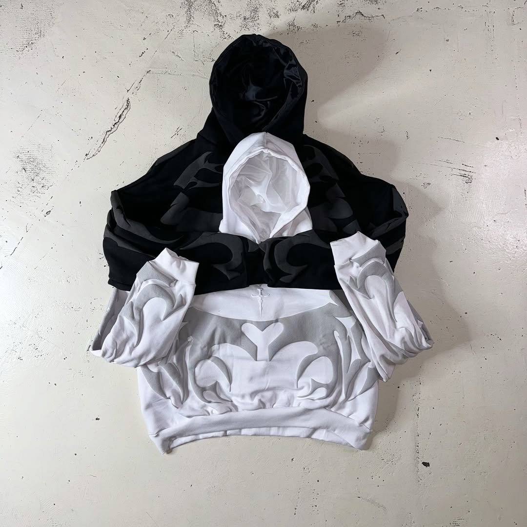 LZRUS Depth Hoodie Black White front view – oversized streetwear fit