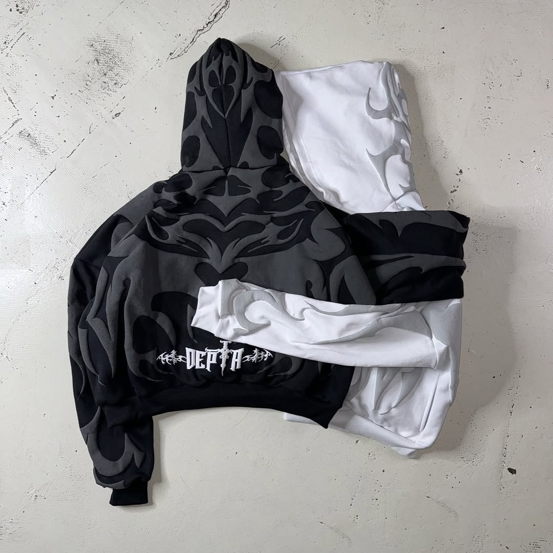 Back design of LZRUS Depth Black White Hoodie with tribal shadow detail