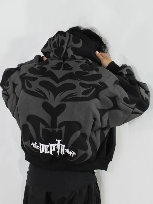 Back design of Depth graphic hoodie with bold puff print