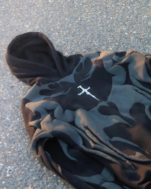 Premium cotton black Depth hoodie pullover close-up