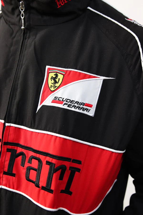 Close-up of Ferrari logo embroidery on Scuderia Ferrari jacket