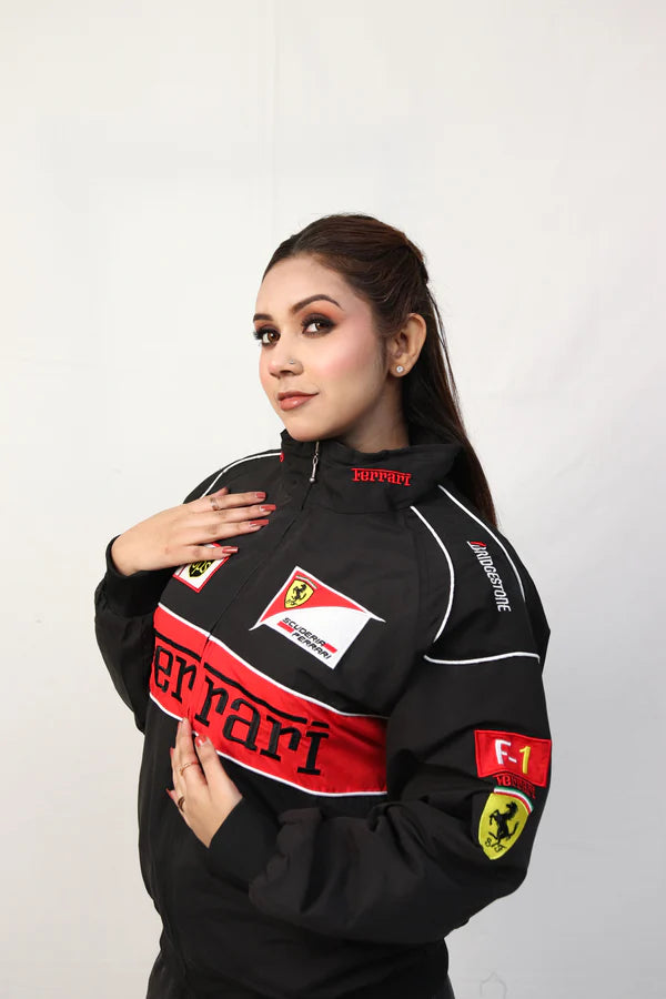 Model wearing embroidered Ferrari jacket men’s streetwear look