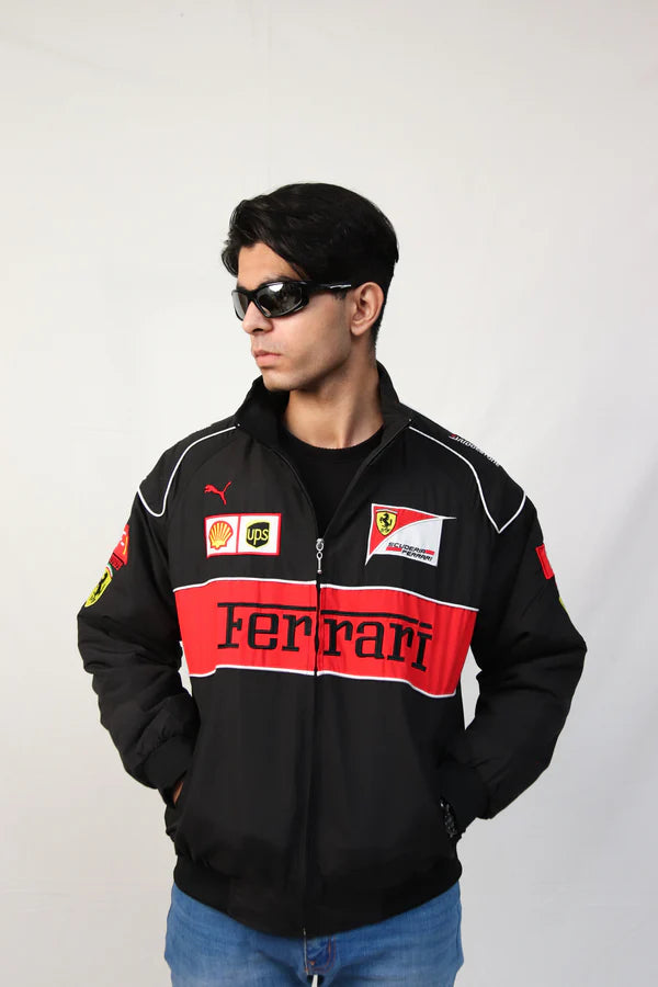 Model styling embroidered Ferrari jacket women casual outfit