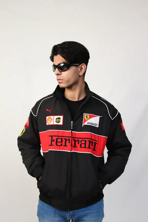 Model styling embroidered Ferrari jacket women casual outfit