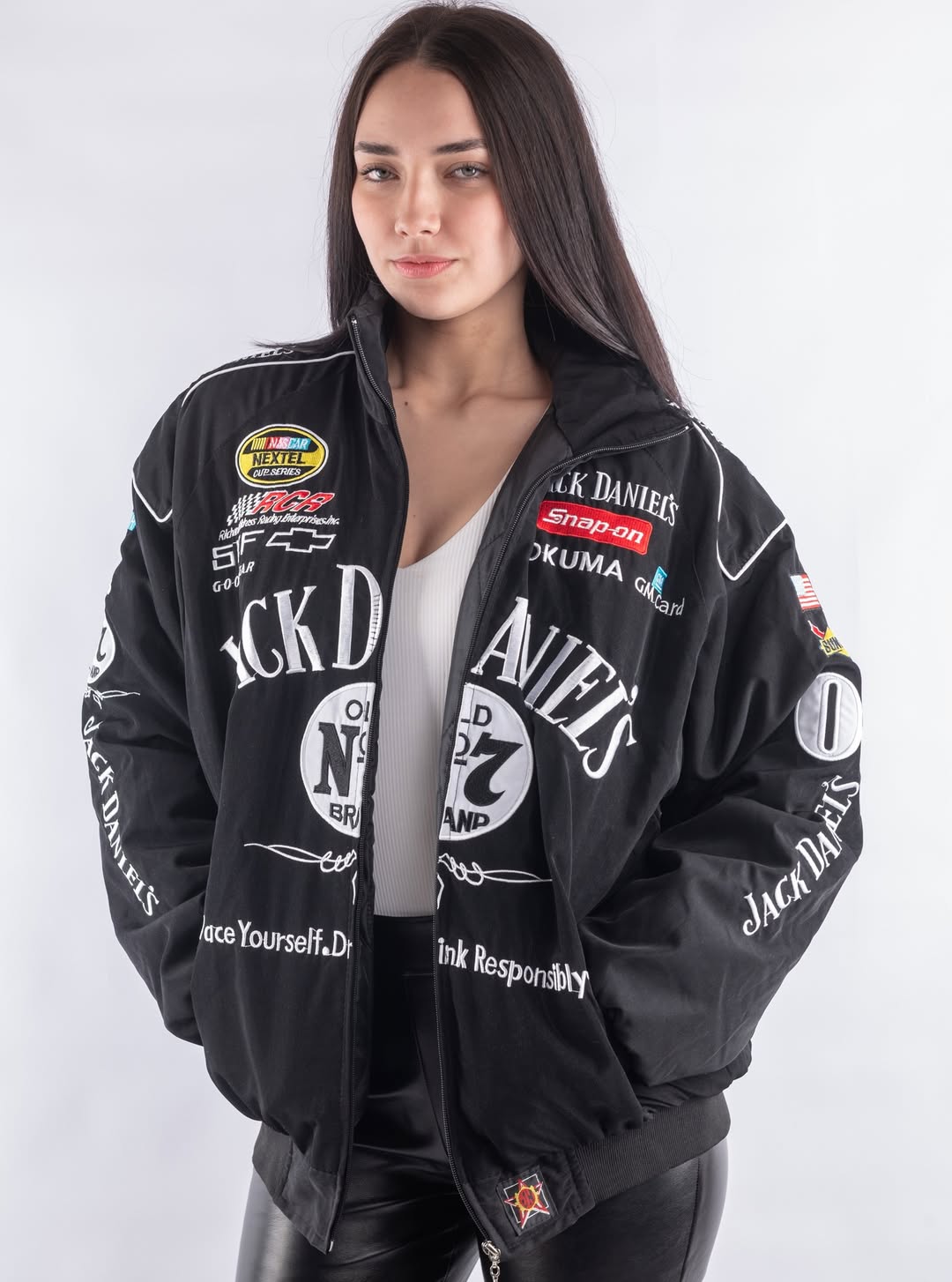 Close-up embroidery detail Jack Daniels women’s jacket LZRUS