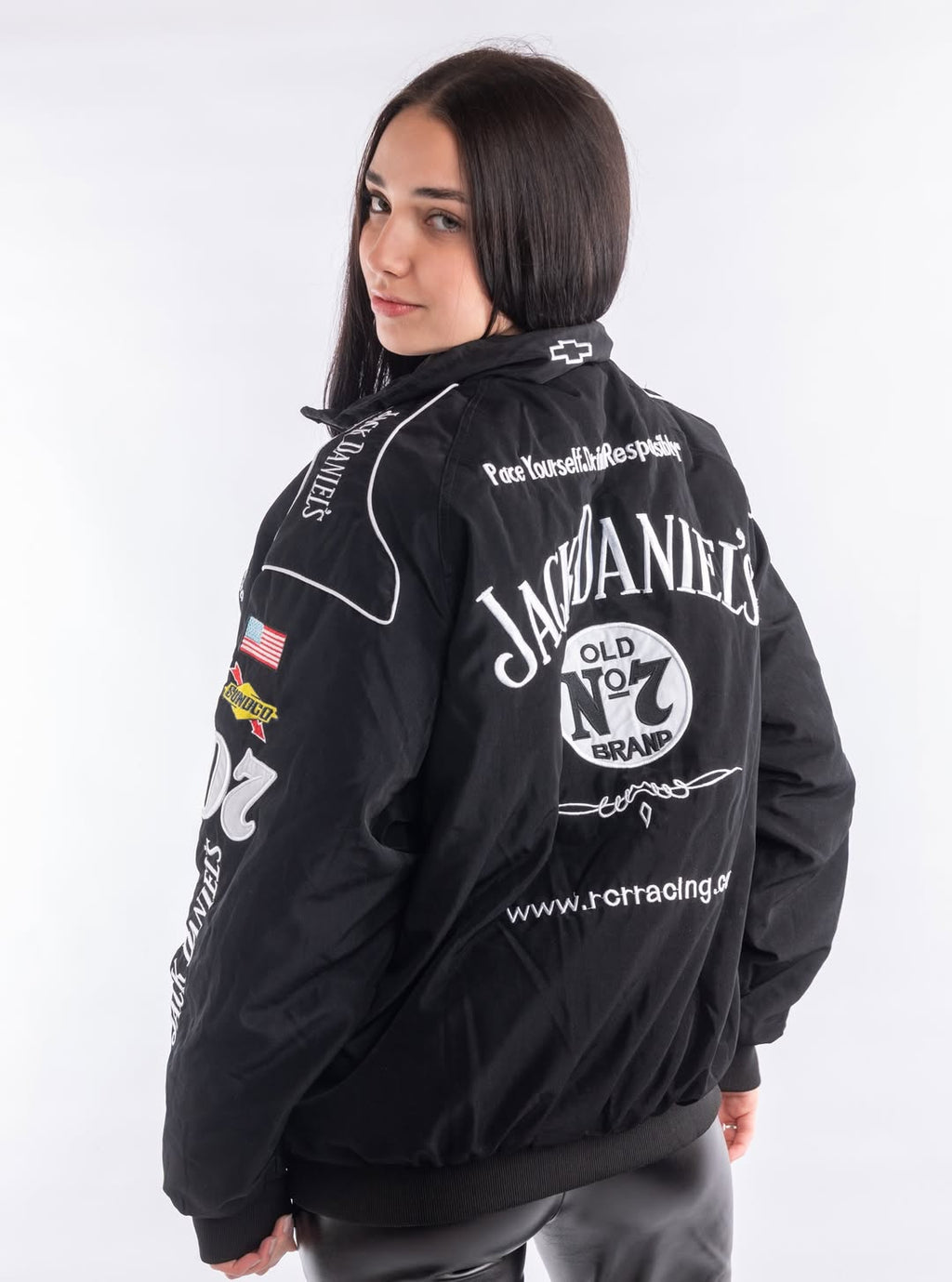 Retro racing style embroidered whiskey brand jacket women