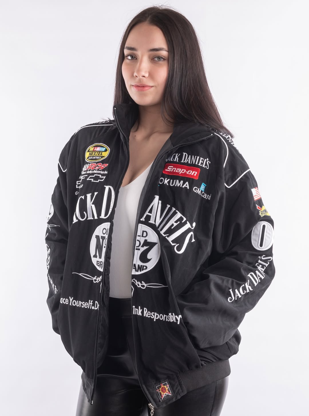 Front view embroidered Jack Daniels jacket women – LZRUS streetwear
