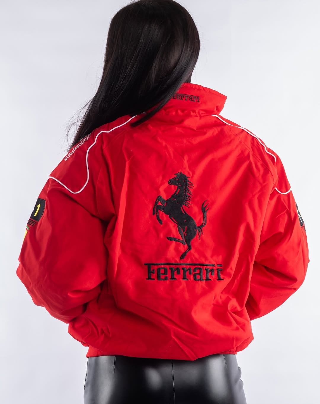 back view of red embroidered Ferrari bomber jacket women