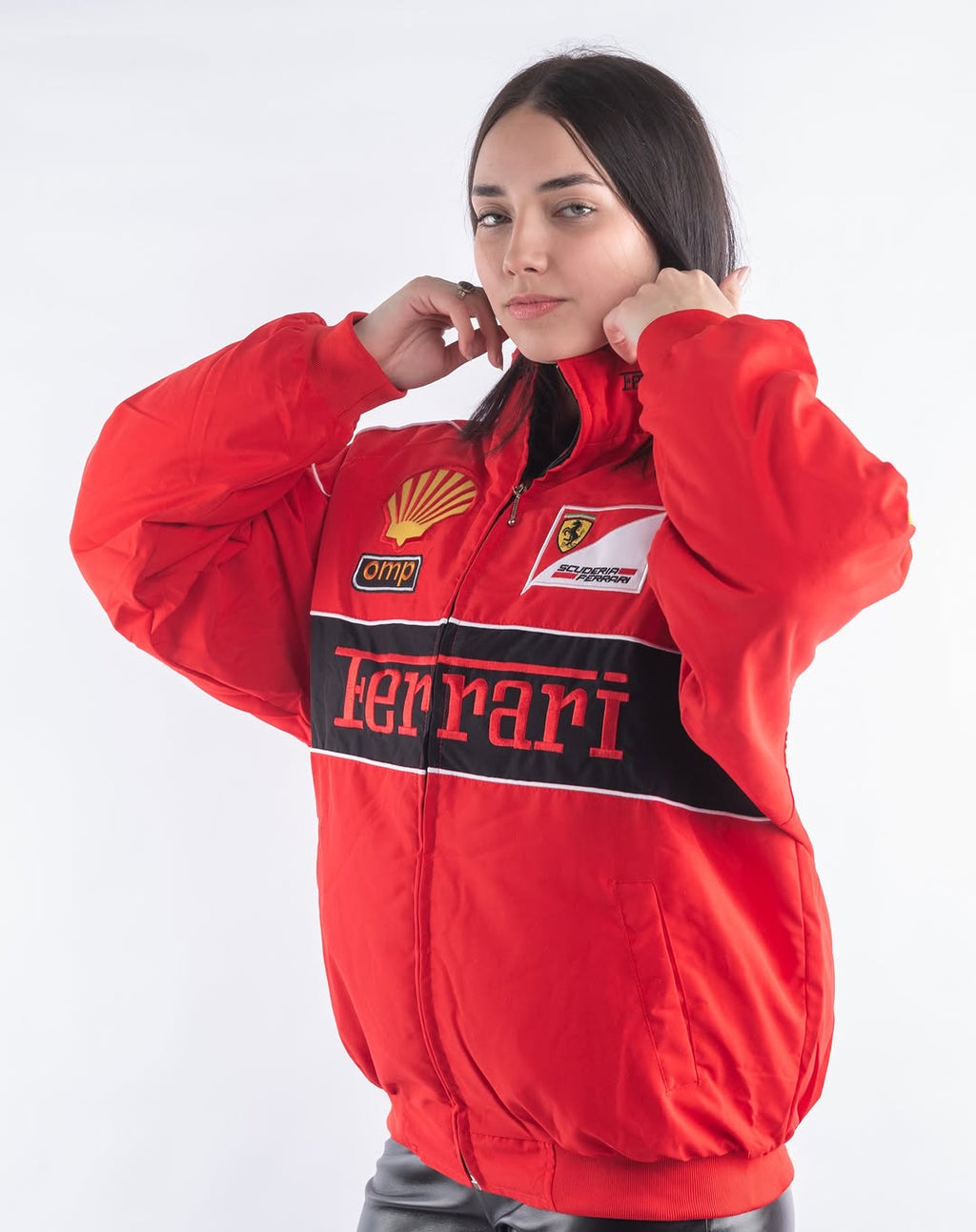 LZRUS red embroidered racing jacket women zipper details