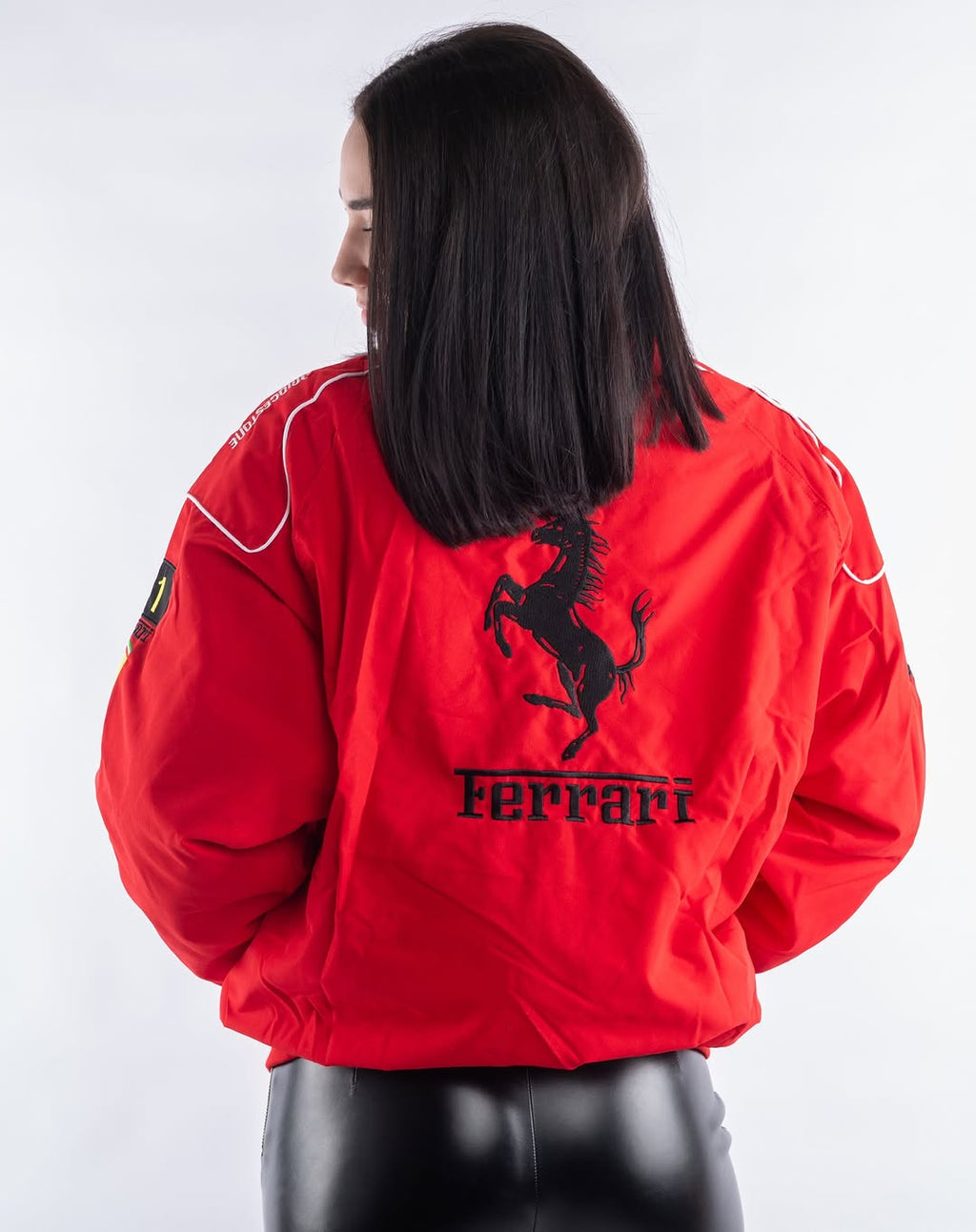 Premium embroidery close-up on Ferrari racing jacket women