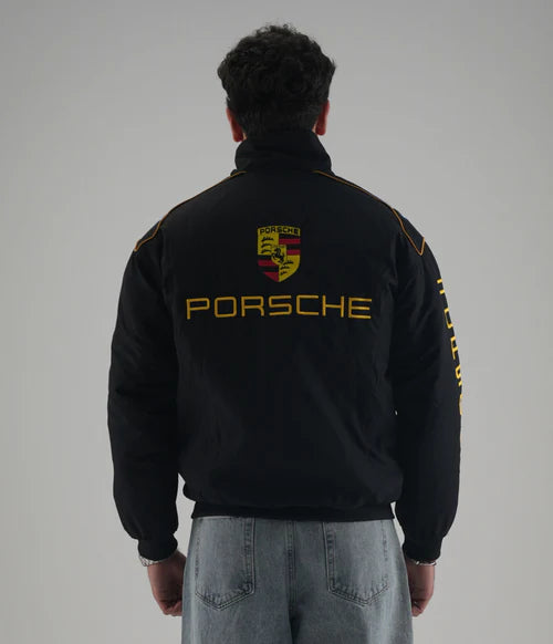 Porsche jacket India back view – embroidered racing logo bold design streetwear | LZRUS