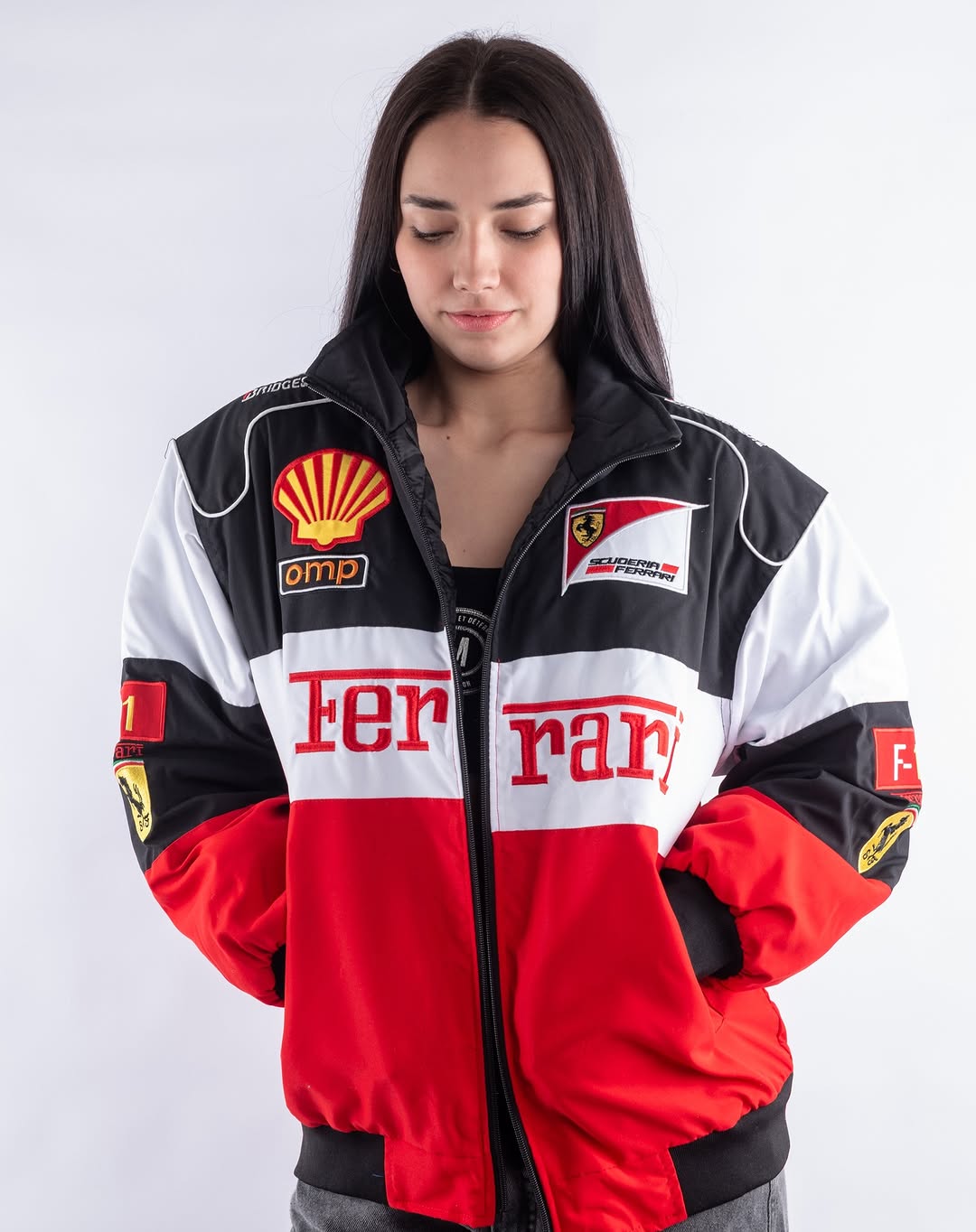 Ferrari Logo Embroidery on Red Jacket – Close Up