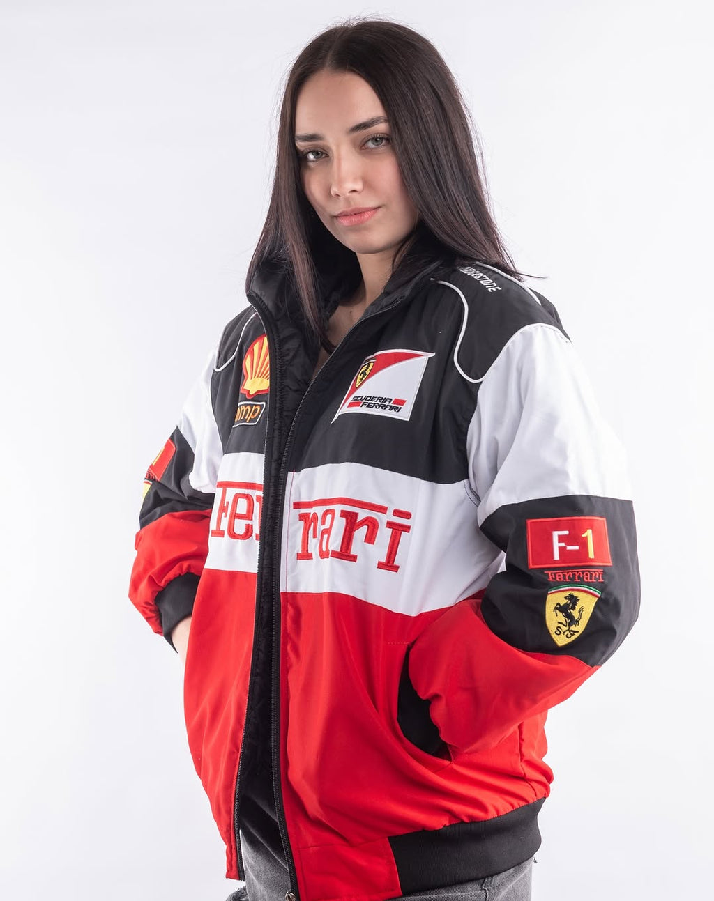 Model Wearing Red Ferrari Jacket – Streetwear Outfit