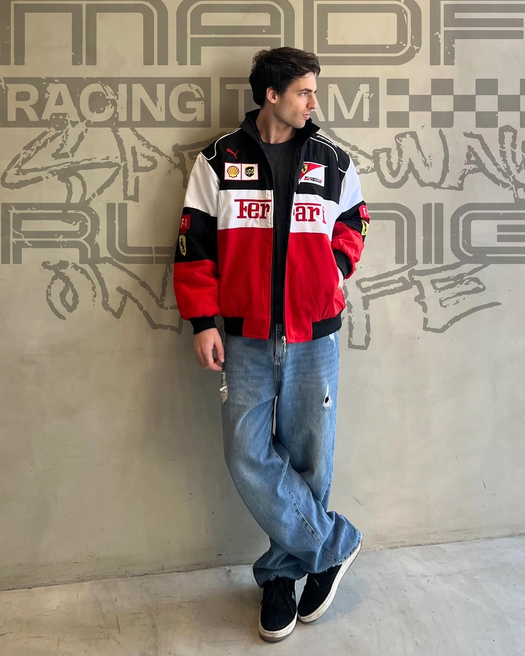 LZRUS Ferrari F1 jacket printed streetwear front look – motorsport fashion