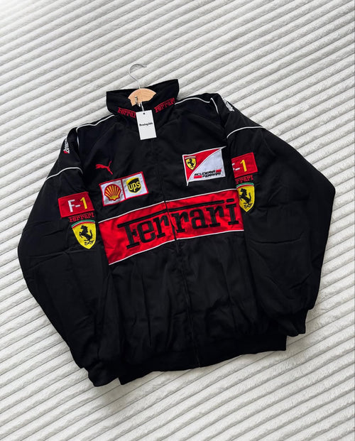 Embroidered black Ferrari jacket India – unisex front view premium motorsport streetwear | LZRUS