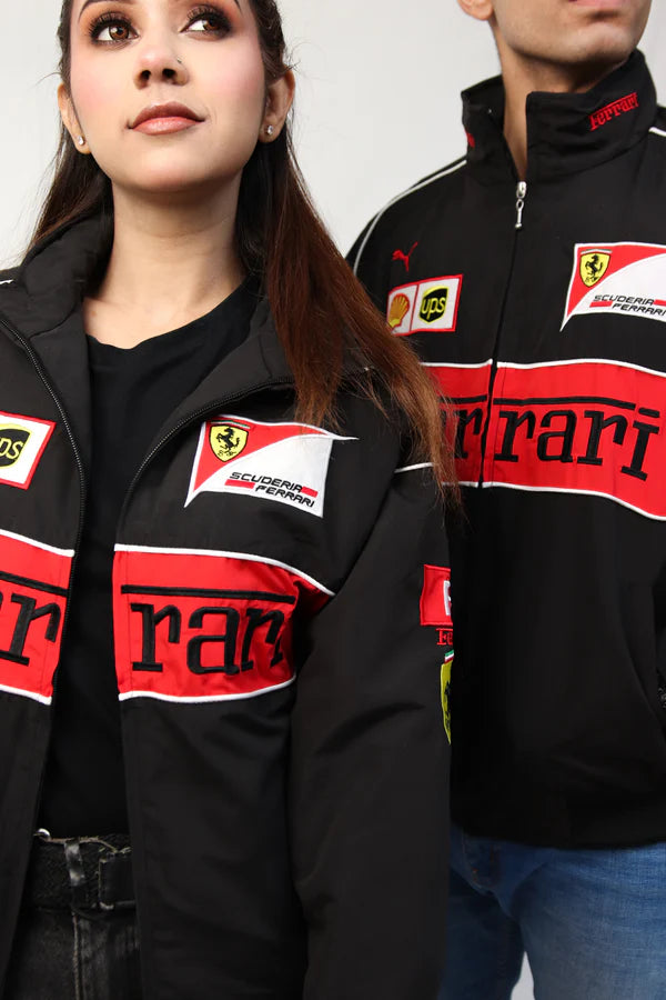 Embroidered black Ferrari jacket close-up India – Ferrari crest thread embroidery premium unisex | LZRUS