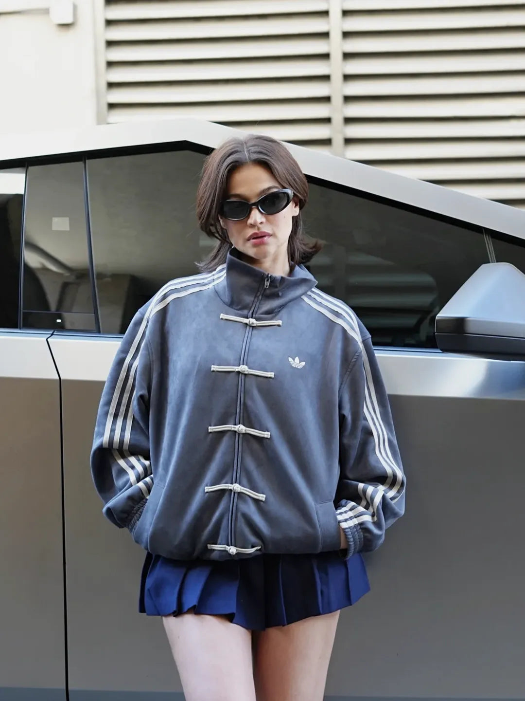 Grey Adidas Chinese New Year Knot Jacket – premium 420 GSM vegan suede texture detail