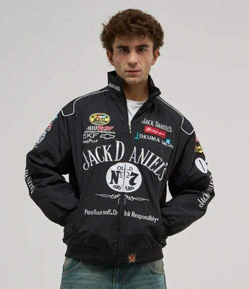 Jack Daniels Embroidered Jacket Front View – LZRUS Streetwear India