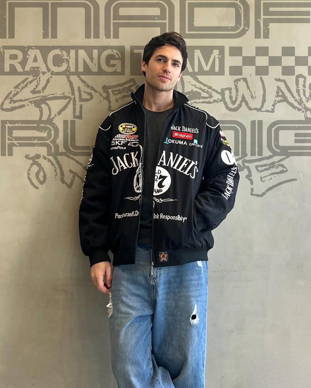 Jack Daniels racing jacket with printed whiskey brand logos – LZRUS apparel