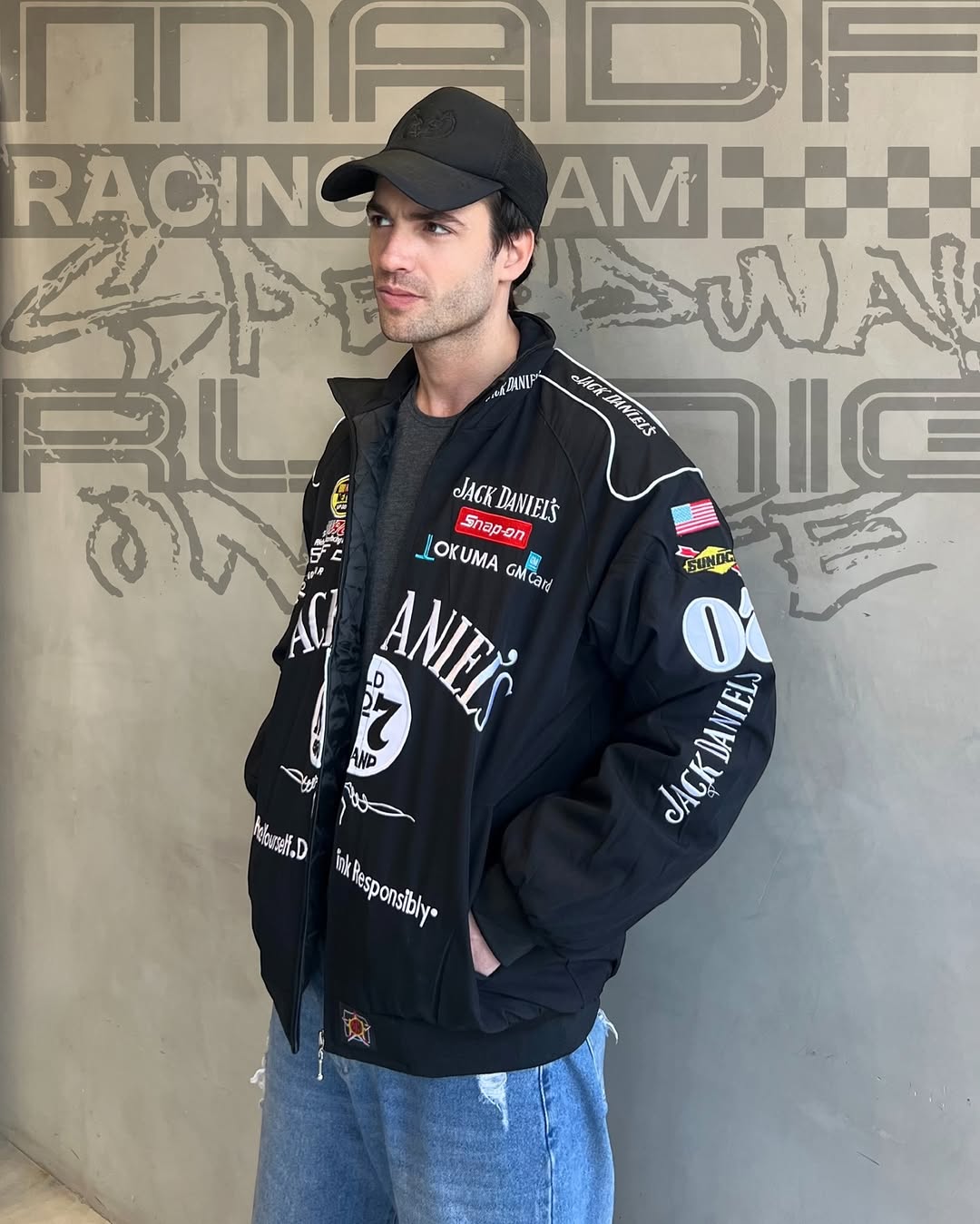 Premium Jack Daniels printed jacket front view – LZRUS streetwear India