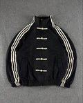 Black CNY Jacket by LZRUS – front flat lay view showing premium 420 GSM vegan suede fabric and Chinese knot button closure | India