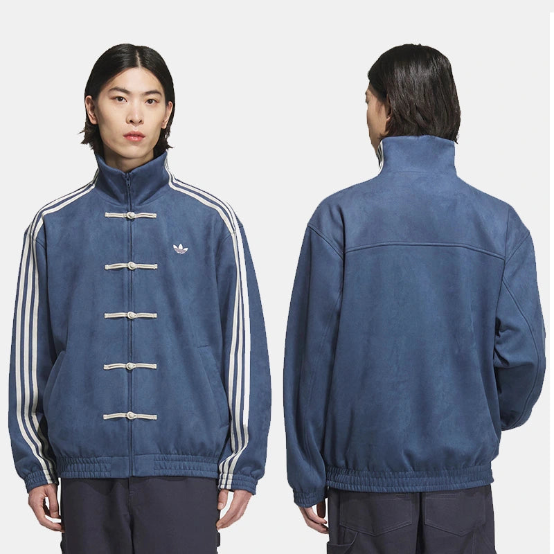 LZRUS Blue CNY Jacket – Front and Back View | Mandarin Collar Knot Button Jacket India Unisex