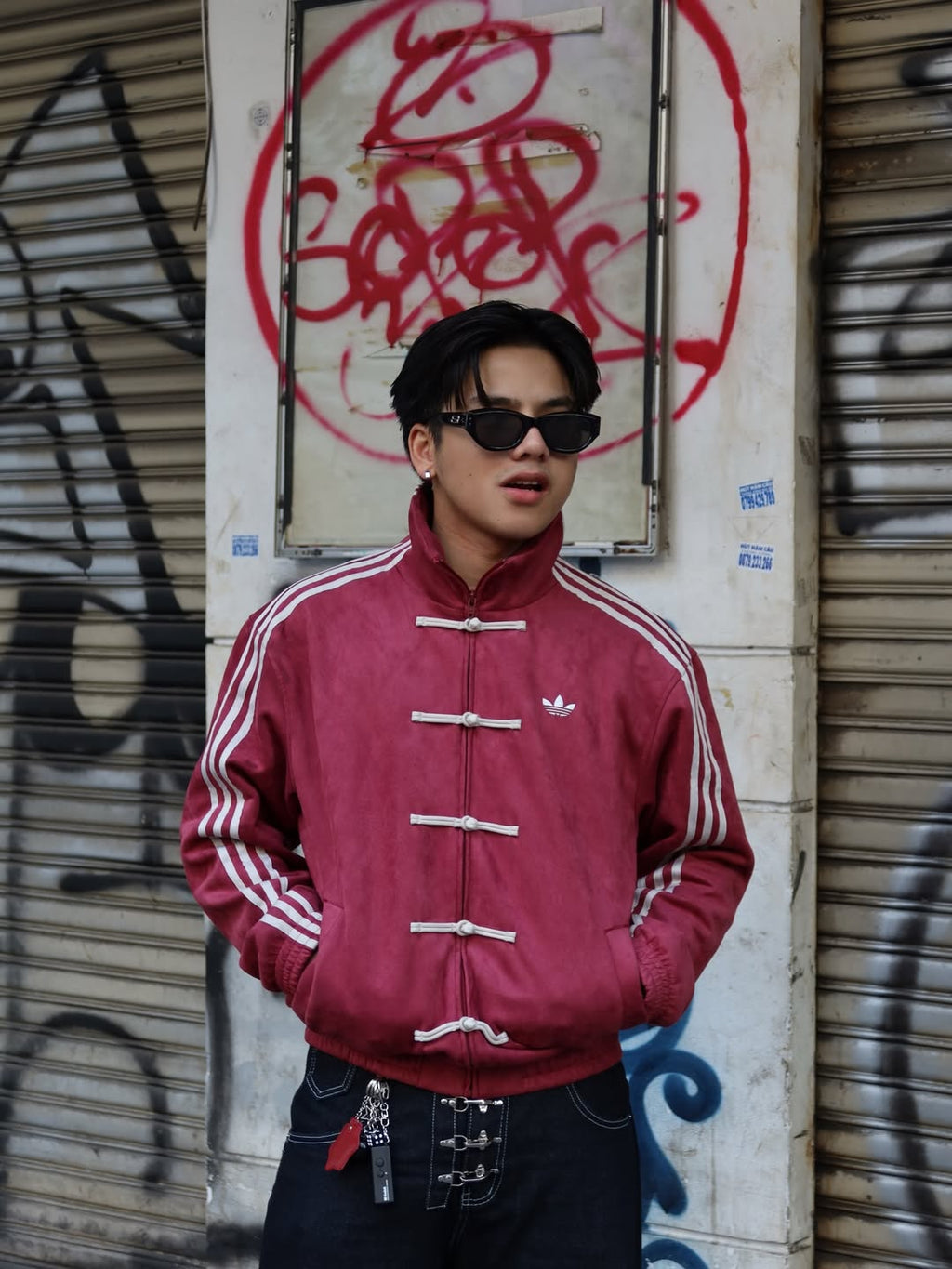 Maroon Adidas CNY Jacket – streetwear lookbook shot with frog button closure detailing